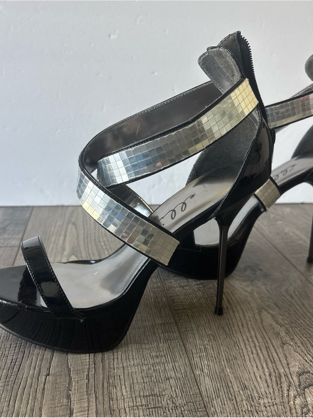 Ellie Black Patent Platform Stiletto Sandals with Silver Mosaic Straps - Picture 6 of 14